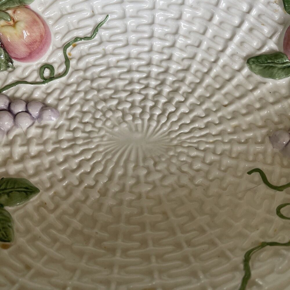 Vintage Lattice Majolica Porcelain Fruit Basket Pears Grapes Oval Bowl - Picture 4 of 6